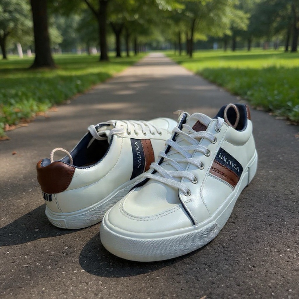 Nautica Men's White Sneakers With Brown And Navy Accents